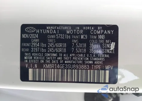 2025 Hyundai Palisade Se z USA, uszkodzony, nr VIN KM8R14GE3SU893883